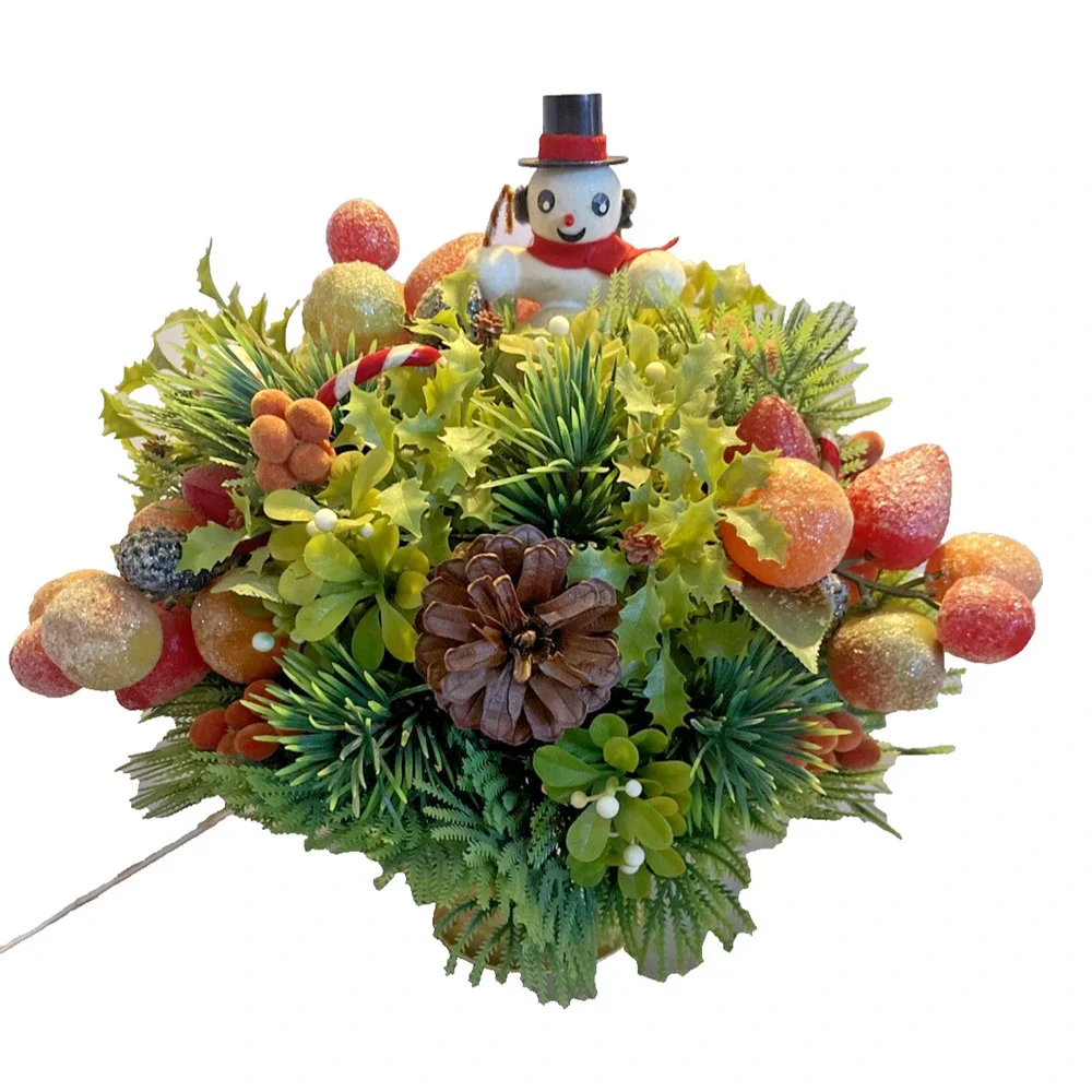 Vintage Christmas Centerpiece Retro Snowman Plastic Fruit & Foliage Holiday Deco
